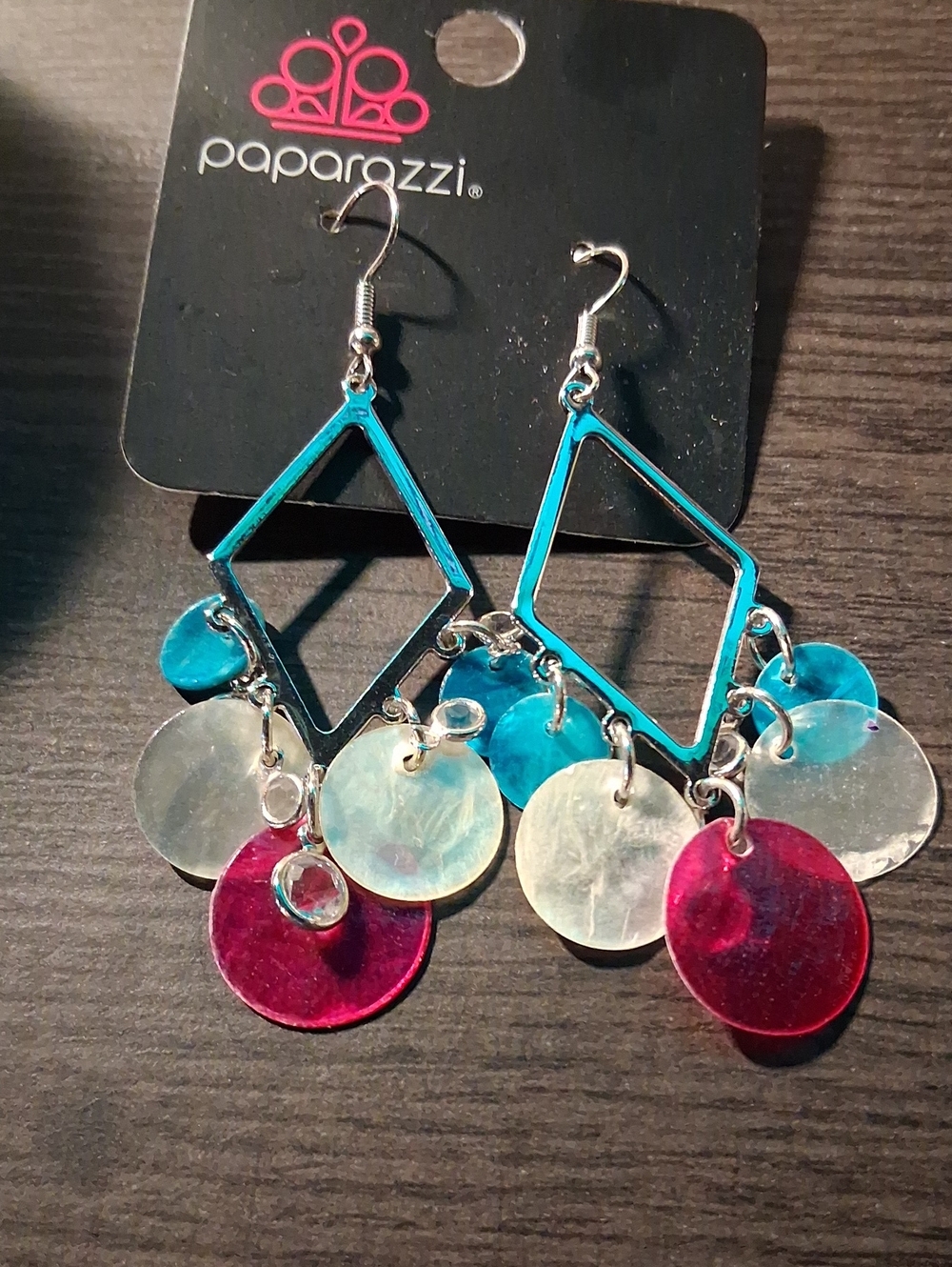 paparazzi Teal Diamond-Frame Drop Earrings with Pink and Iridescent Discs